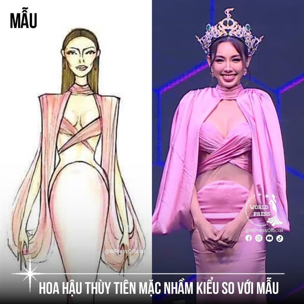 heo như bản sketch, có vẻ như phần vạt bị cho là "thừa thãi" ở 2 bên chính là tay áo, và Thùy Tiên phải thò tay vào mới là mặc đúng, thay vì buông thõng như vậy. Việc người đẹp mặc sai cách cũng là một trong những lí do khiến tổng thể nhìn kém thanh thoát.
