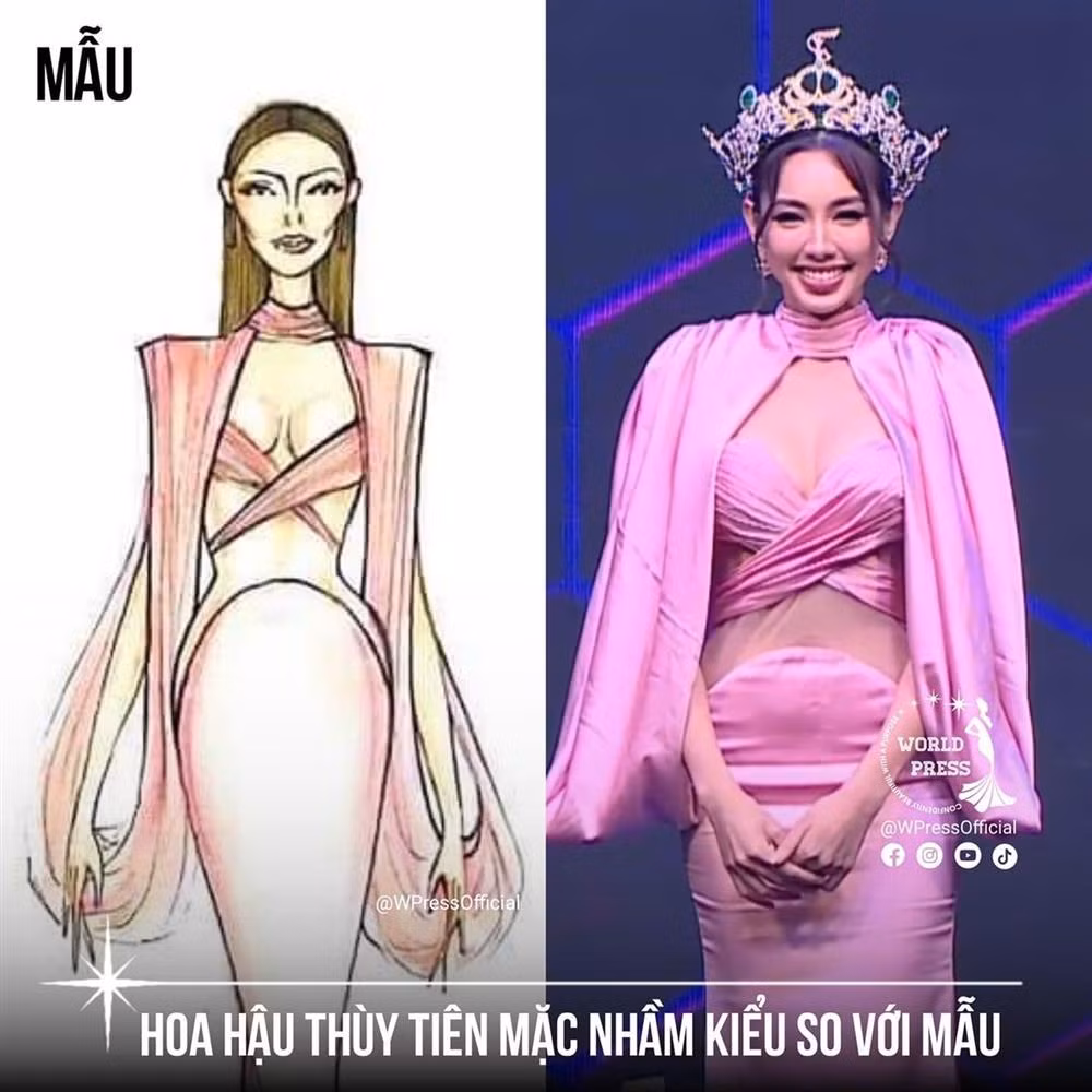 Theo như bản sketch, có vẻ như phần vạt bị cho là "thừa thãi" ở 2 bên chính là tay áo, và Thùy Tiên phải thò tay vào mới là mặc đúng, thay vì buông thõng như vậy. Việc người đẹp mặc sai cách cũng là một trong những lí do khiến tổng thể nhìn kém thanh thoát.