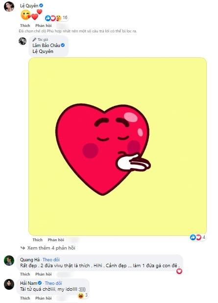 rong khi ca sĩ Lệ Quyên "hôn gió" bạn trai thì ca sĩ Quang Hà mạnh dạn khuyên "làm một đứa gà con".