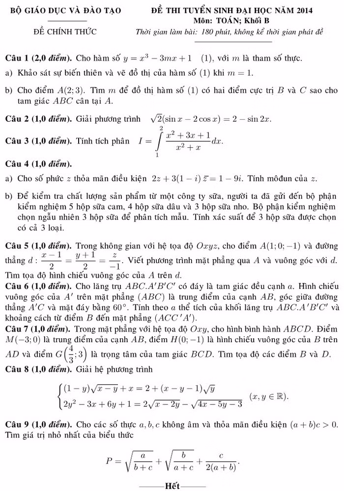 De thi, goi y cach giai mon Toan khoi B, D 2014