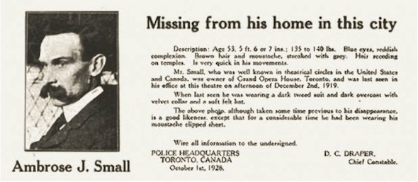 Thông báo mất tích của Ambrose Small được đăng tải rộng rãi.