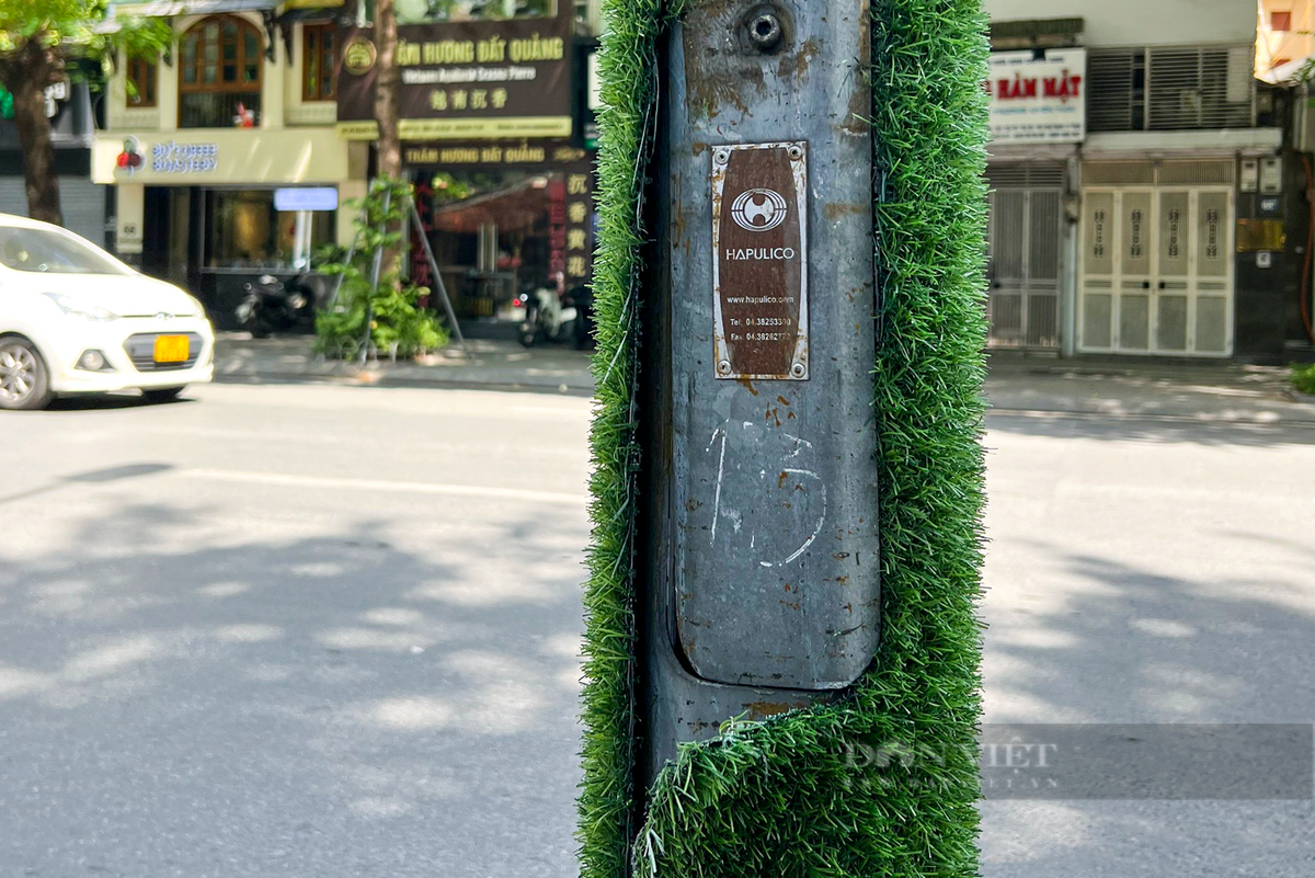 Bên cạnh đó, khoảng 10 cột đèn chiếu sáng trên phố Nguyễn Thái Học được ốp cỏ nhựa để chống quảng cáo, rao vặt.