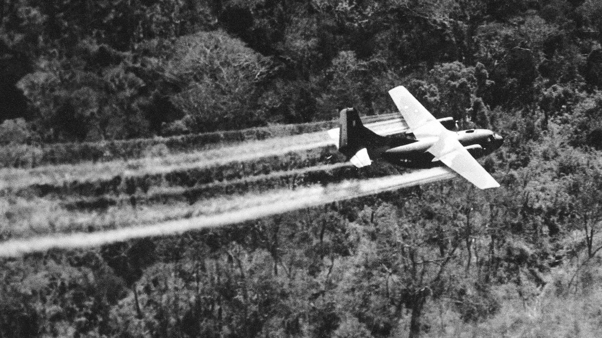 Theo báo cáo, một máy bay C-123 của Mỹ đã bị rơi trong khi phun chất làm rụng lá (chất độc da cam) lên một khu vực hoạt động của quân Giải phóng. Ảnh: NPR.