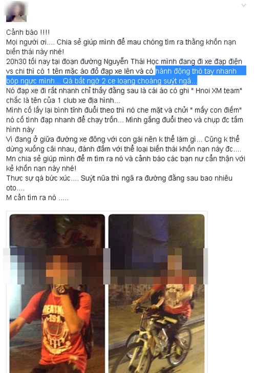 Mới đây, một cô gái trẻ ở Hà Nội có tên Mai S. đăng trên trang cá nhân của mình câu chuyện cô bị sàm sỡ giữa đường khi đang đi xe đạp điện. Bức ảnh đăng kèm chụp một thanh niên đi xe đạp địa hình được cho là "yêu râu xanh" khiến cộng đồng mạng xôn xao bàn tán và phân tích.