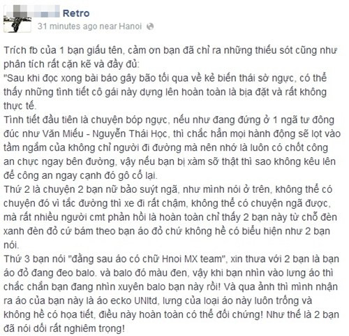 Tuy nhiên, trước nhiều phân tích của cư dân mạng và sự lên tiếng của nam thanh niên trong ảnh, cô gái tên G.S bị bóc mẽ là đã dựng chuyện, bôi xấu người khác. Sau đó cư dân mạng chỉ trích thậm tệ cô gái này đồng thời nêu ra một số điều luật, khẳng định rằng hành động bôi nhọ người khác của cô gái hoàn toàn có thể đem ra truy cứu.