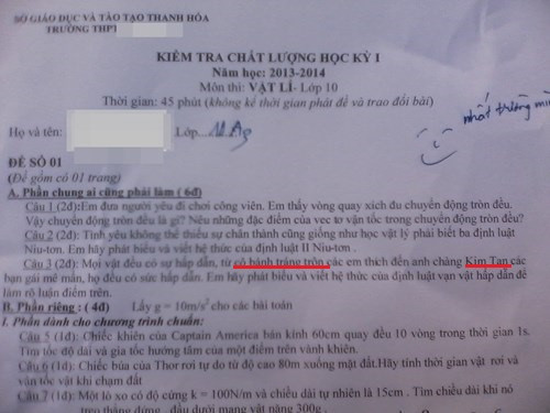 Hai nhân vật làm điên đảo dân mạng Việt gần đây là Kim Tan và cô bán bánh tráng trộn ở Đà Lạt cũng được đưa vào một đề thi Vật lý lớp 10 để minh họa cho... sự hấp dẫn. Đề thi khiến dân mạng vô cùng thích thú và tích cực chia sẻ.
