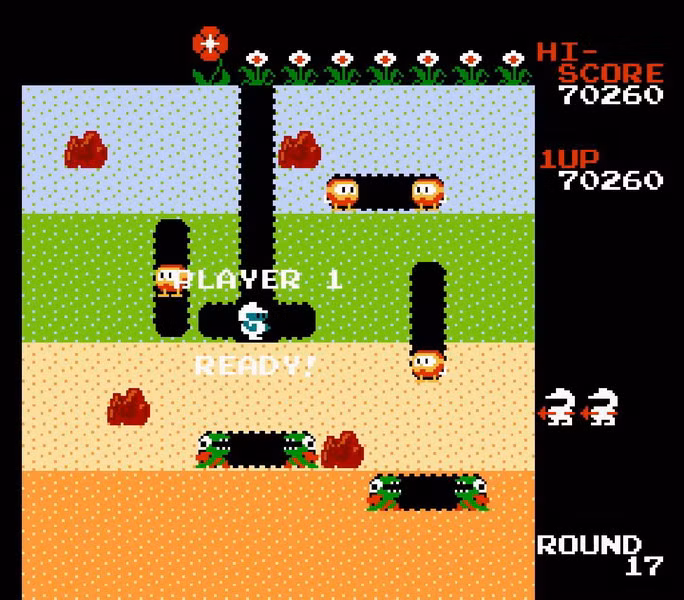 "Dig Dug II" do hãng Namco phát hành năm 1989 là trò chơi đòi hỏi khả năng tư duy tốt. Nhiệm vụ của người chơi là bơm cho những con quái vật trong lòng đất nổ tung, hoặc làm chúng bị đè bẹp bằng những tảng đá.