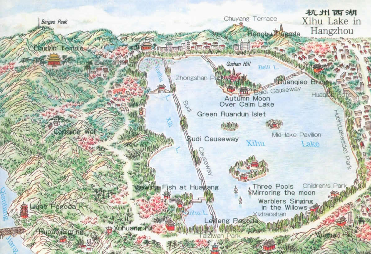 Ngày nay, diện tích của khu vực hồ khoảng 6,3 km², trong đó phần diện tích chứa nước khoảng 5,66 km². Hồ được chia ra 3 phần bởi ba con đê ngăn là đê Tô, đê Bạch và đê Dương Công. Ảnh: China Expedition Tours.