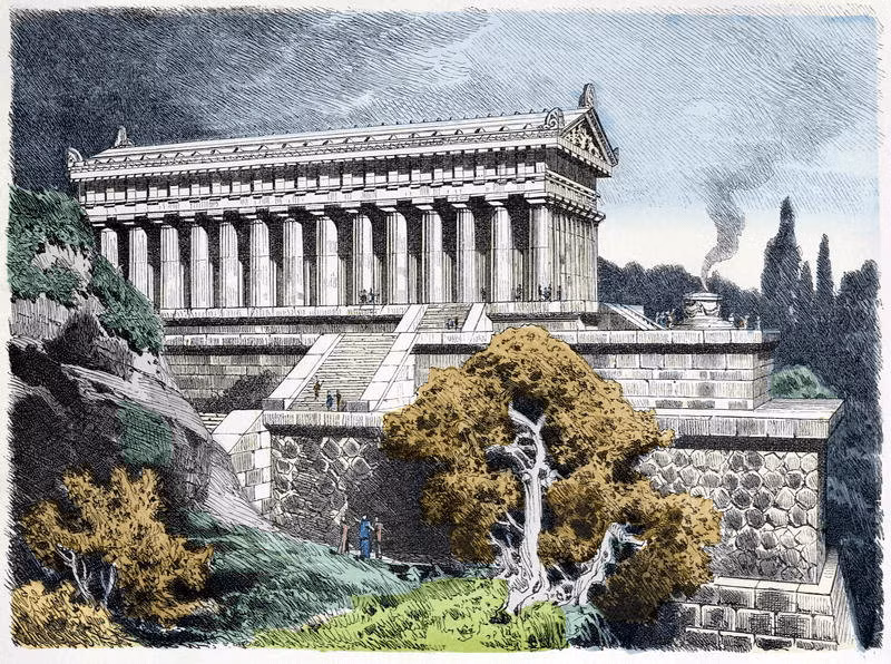 Theo sử sách, ngôi đền cổ được bắt đầu xây dựng năm 550 TCN, trải qua quá trình xây dựng lại và mở rộng qua nhiều thời kỳ, lần cuối là năm 430 TCN sau 120 năm.