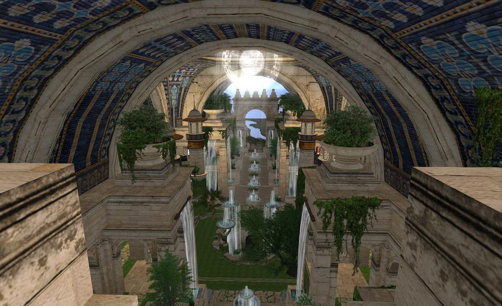 Trong vườn treo có một hệ thống đài phun nước gồm hai bánh xe lớn liên kết với nhau bằng dây xích có gắn thùng gỗ. Khi bánh xe quay, dây xích và thùng nước cũng chuyển động đưa nước ở một cái bể phía dưới lên trên cao tưới nước cho cây.