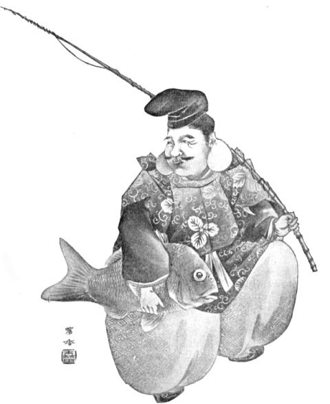 7. Huệ Bì Tu hay Huệ Bì Thọ (Ebisu) là vị thần của dân chài và nhà buôn trên biển, thường được vẽ với tay cầm một con cá tráp.