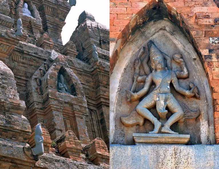 Cận cảnh các phù điêu trang trí trên tháp.