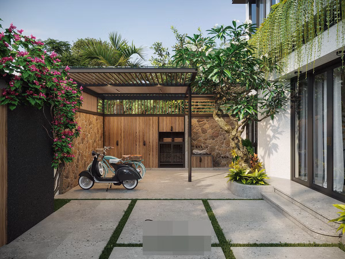 Khoảng trống được duy trì ở tất cả các phía tạo điều kiện cho luồng không khí tự do lưu thông khắp ngôi nhà 2 tầng. Phần mái ở sân vườn có tác dụng che mưa, chắn nắng cho khu vực để xe.