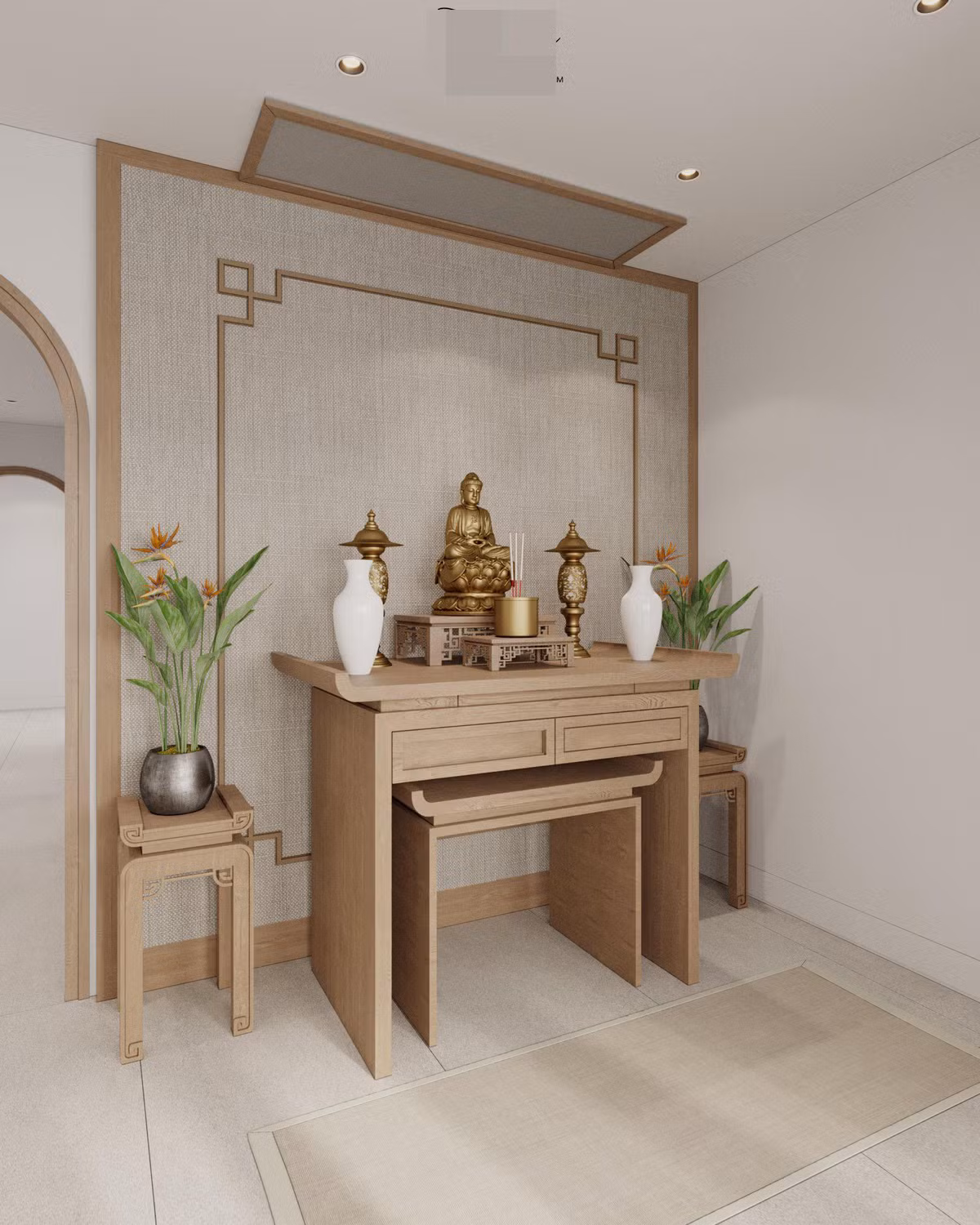 Phòng thờ tối giản, hạn chế chi tiết nhưng vẫn làm bật lên sự thanh tịnh, bình yên.
