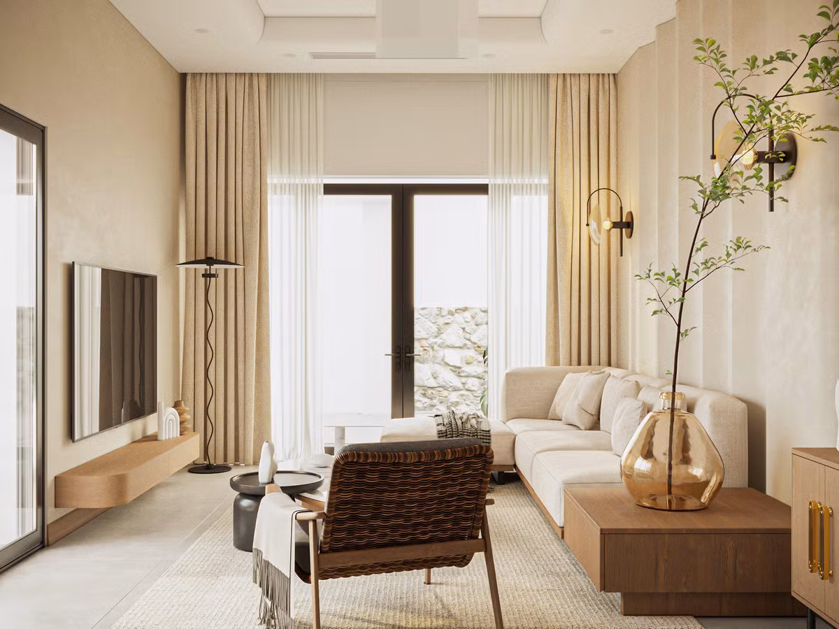 Phong cách nội thất japandi là cảm hứng sáng tạo cho không gian. Phong cách này kết hợp chủ nghĩa tối giản của bắc Âu với đặc tính của một nền văn hóa nội thất Nhật Bản đầy tinh tế. Thiên nhiên len lỏi vào từng ngóc ngách ngôi nhà, xen lẫn trong các khu vực chức năng.