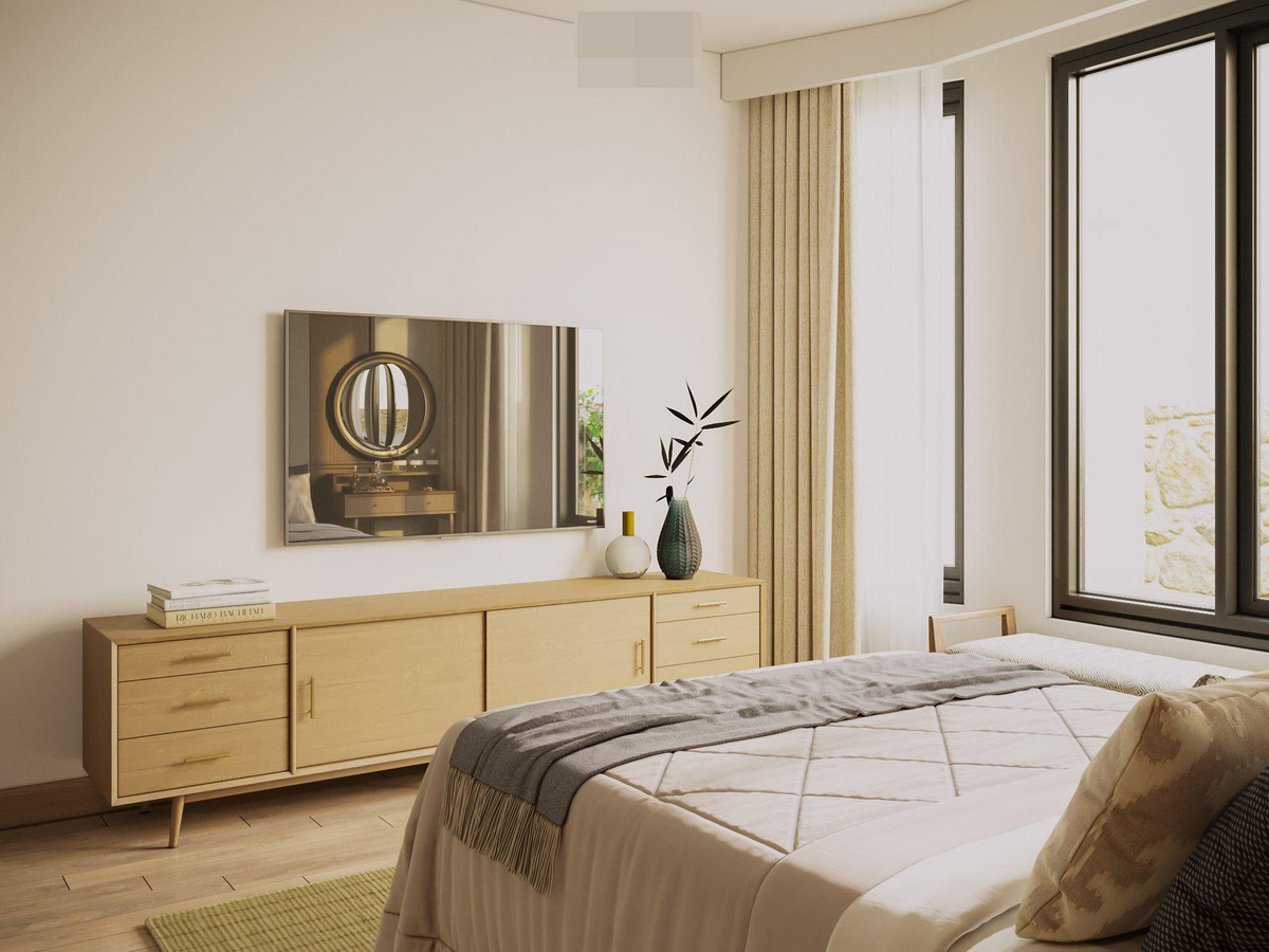 Sự kết hợp màu sắc trung tính, vật liệu tự nhiên làm nên vẻ đẹp của không gian phòng ngủ.