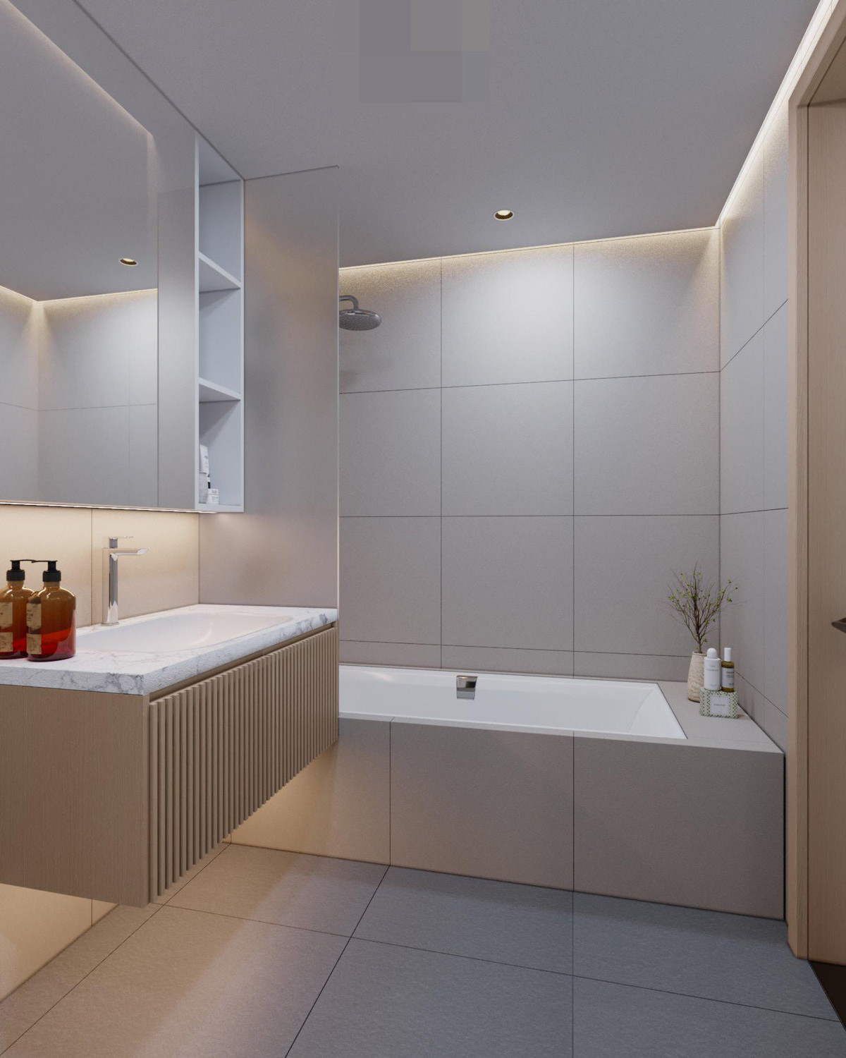 Phòng vệ sinh lắp vách kính hiện đại, hệ thống ánh sáng ấm cúng, sang trọng.