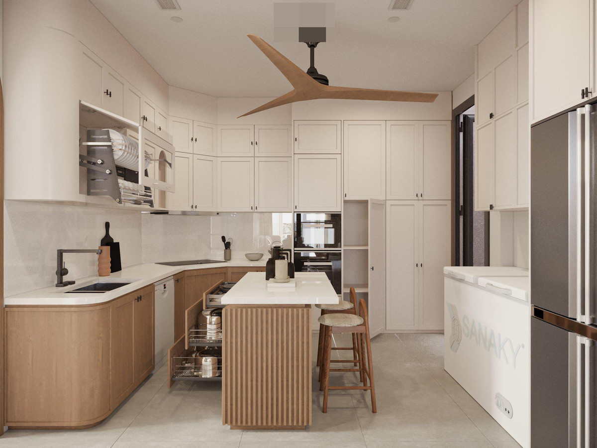 Căn bếp hiện đại, đầy đủ chức năng và có cửa sổ lấy sáng, lọc mùi. Biệt thự mang trong mình sự ấm cúng nhưng đơn giản, vẻ ngoài cổ điển vượt thời gian.