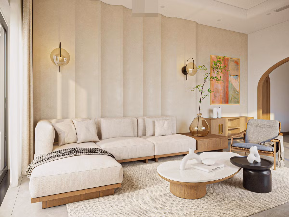 Khu vực chức năng của biệt thự bao gồm phòng khách, 2 phòng bếp, phòng ăn, 3 phòng ngủ, 1 phòng đọc sách và 1 phòng kho. Vật liệu chủ đạo bao gồm gỗ, đá tự nhiên, bê-tông được ứng dụng xuyên suốt, tạo điểm nhấn tự nhiên cho các khoảng tường màu trắng và gợi cảm giác ấm cúng, thân thuộc.