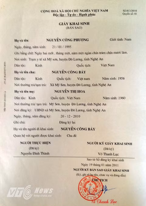 Ngay sau đó, VTC News đưa tin: Những giấy tờ gốc như Giấy khai sinh, Sổ hộ khẩu, Chứng minh nhân dân, Hộ chiếu và Bản lý lịch trích ngang của Công Phượng được lưu ở Học viện HAGL Arsenal JMG hoàn toàn có ngày tháng năm sinh thống nhất là 21/01/1995.