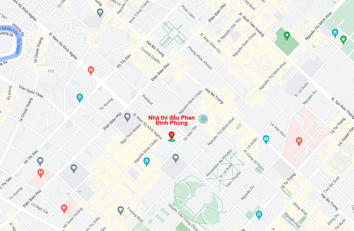 Nhà thi đấu Phan Đình Phùng (ô màu đỏ), quận 3, TP HCM. Ảnh: Google Maps.