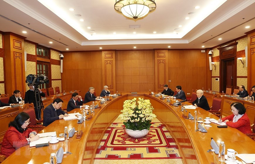 Tổng Bí thư Nguyễn Phú Trọng phát biểu kết luận cuộc họp. (Ảnh: Trí Dũng/TTXVN)