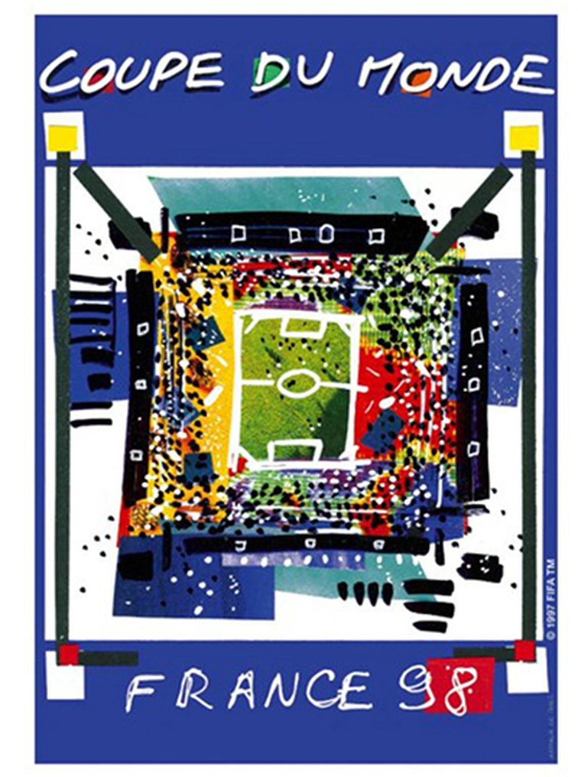 Poster World Cup Pháp 1998 giống như một bức tranh trừu tượng với hình ảnh sân bóng ở trung tâm. Ảnh: FIFA.
