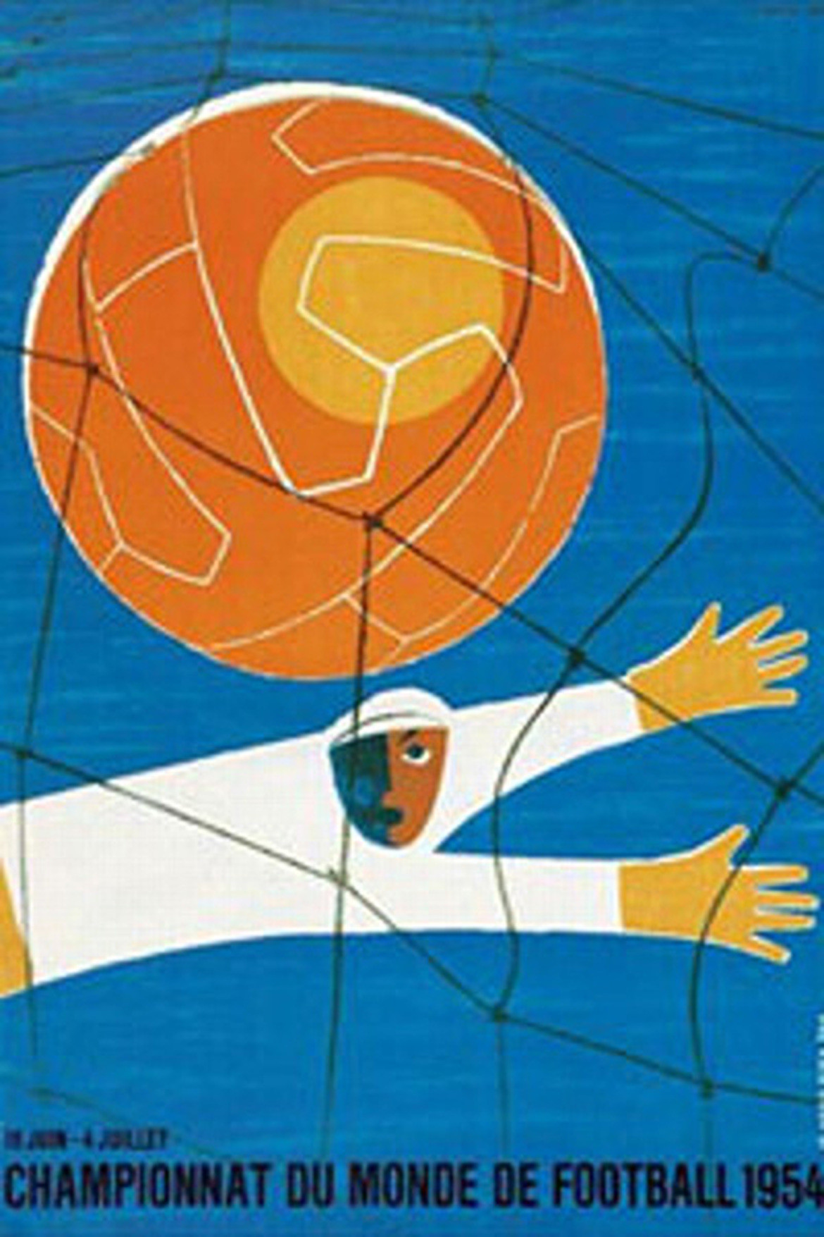 Poster World Cup Thụy Sĩ 1954 làm rạo rực tinh thần những người yêu bóng đá với hình ảnh trái bóng làm tung lưới cầu môn được thể hiện ở góc nhìn cận cảnh. Ảnh: FIFA.