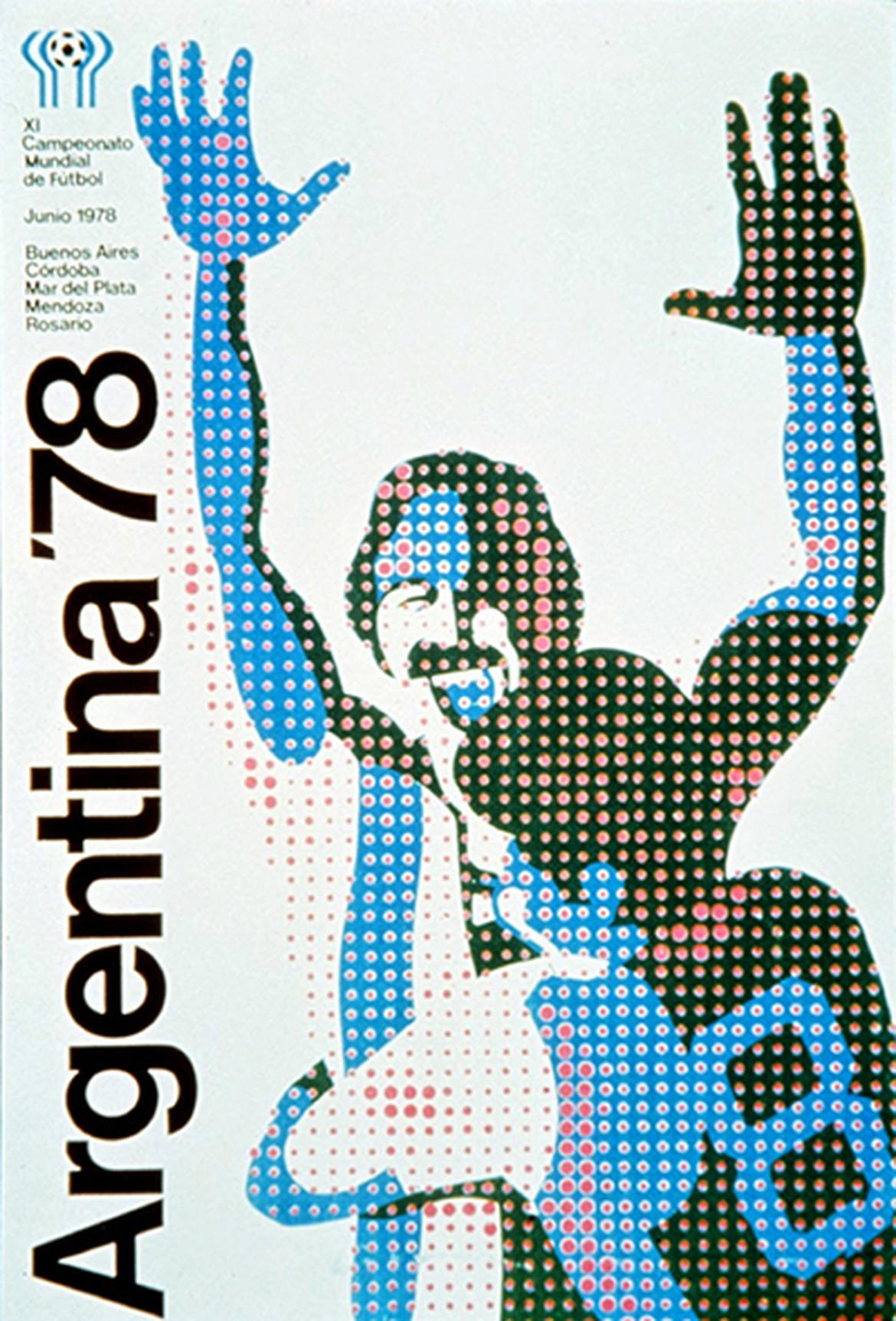 Poster World Cup Argentina 1978 có tông màu dựa trên màu cờ Argentina, tái hiện khoảnh khắc ăn mừng của hai cầu thủ trên sân cỏ. Ảnh: FIFA.