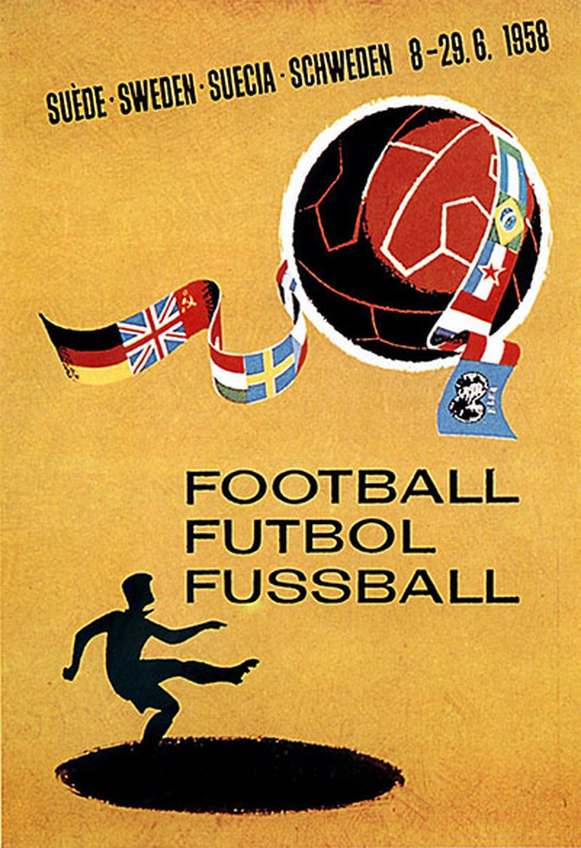 Poster World Cup Thụy Điển 1958 gửi gắm ước muốn "bay cao" của bóng đá với hình ảnh một cầu thủ sút lên trời trái bóng kèm dải băng in hình cờ các đội tuyển tham gia. Ảnh: FIFA.