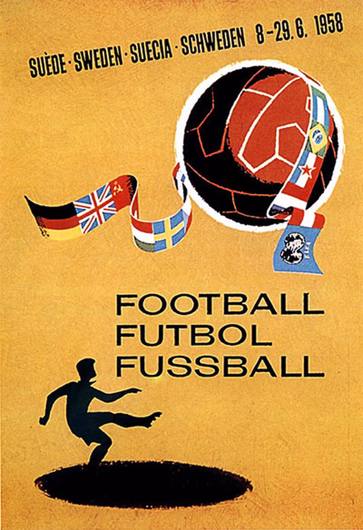 Poster World Cup Thụy Điển 1958 gửi gắm ước muốn "bay cao" của bóng đá với hình ảnh một cầu thủ sút lên trời trái bóng kèm dải băng in hình cờ các đội tuyển tham gia. Ảnh: FIFA.