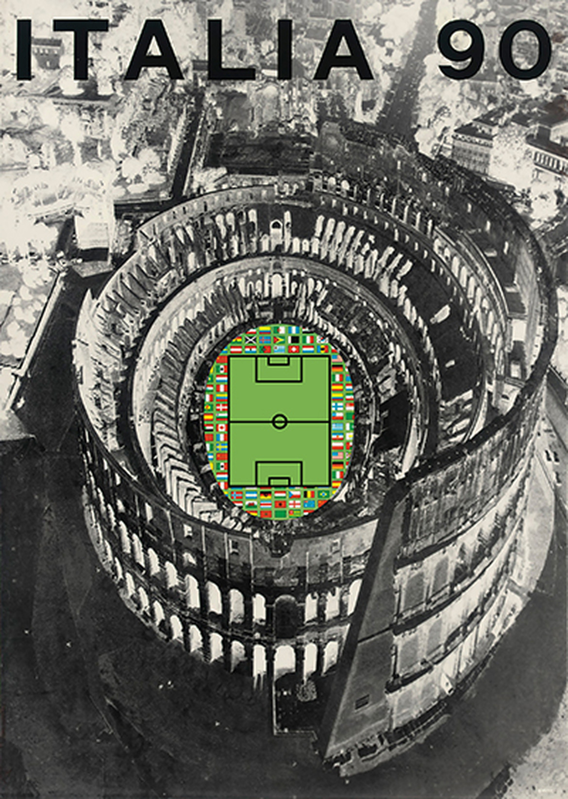 Poster World Cup Italia 1990 thể hiện hình ảnh sân bóng lồng vào đấu trường Colosseum của người La Mã cổ đại. Ảnh: FIFA.