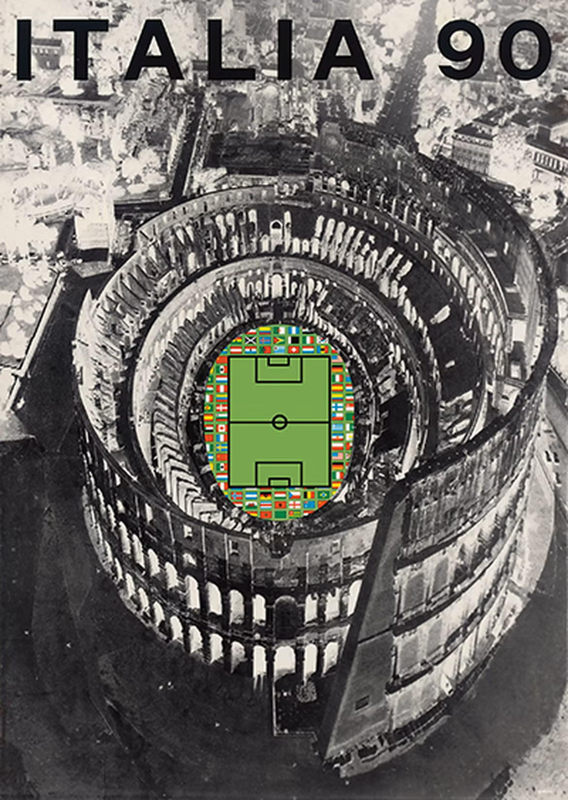 Poster World Cup Italia 1990 thể hiện hình ảnh sân bóng lồng vào đấu trường Colosseum của người La Mã cổ đại. Ảnh: FIFA.