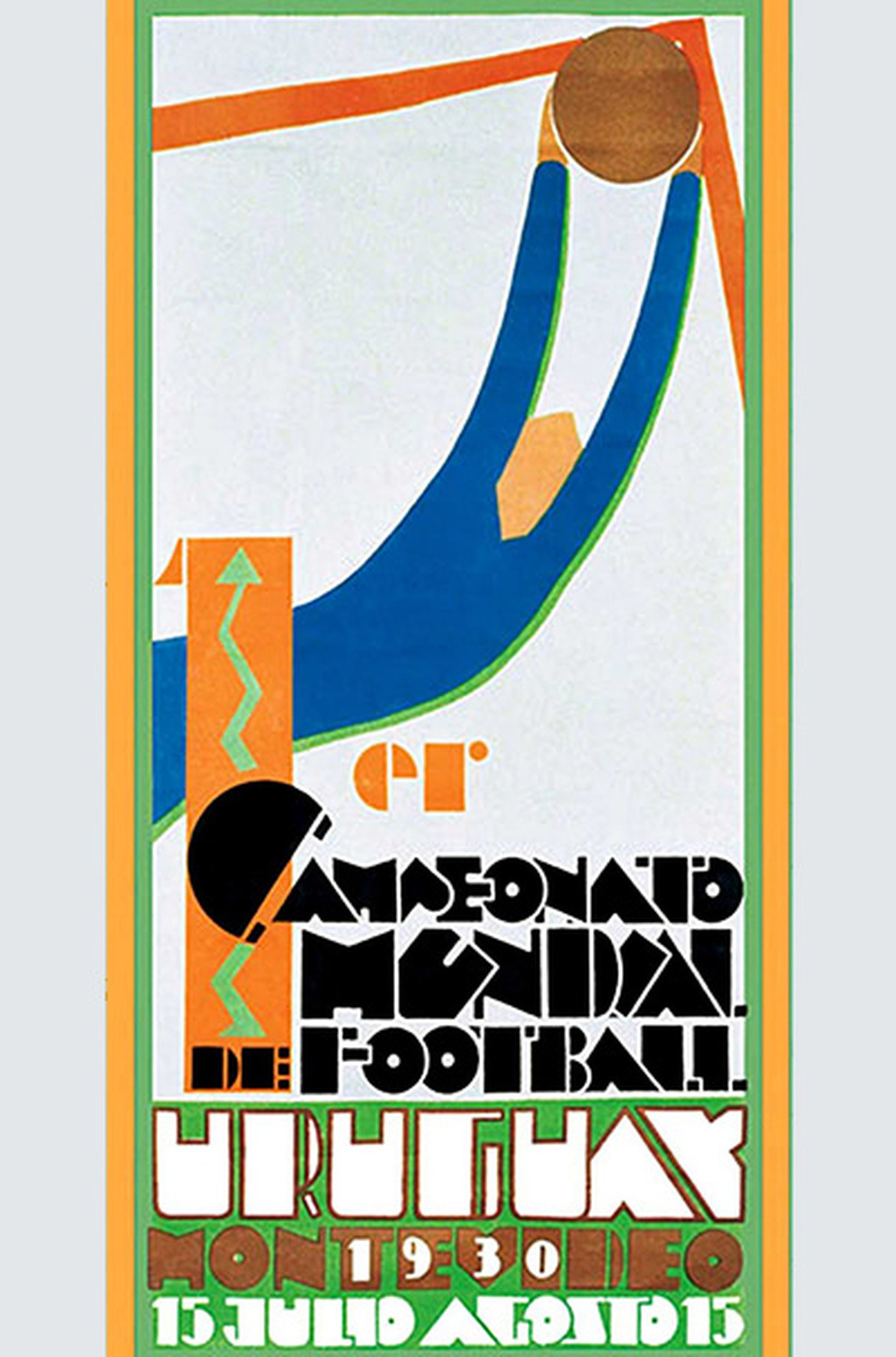 Poster chính thức của World Cup Uruguay 1930, World Cup đầu tiên trong lịch sử được có sắc màu tươi tắn, thể hiện hình ảnh một thủ môn bay người bắt gọn trái bóng. Ảnh: FIFA.