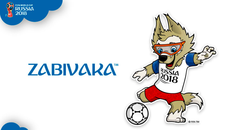 Tại World Cup 2018 ở Nga, linh vật là Zabivaka, một con chó sói mặc chiếc áo thun len màu nâu và màu trắng với dòng chữ "RUSSIA 2018" và đeo kính thể thao màu cam. Ảnh: FIFA.