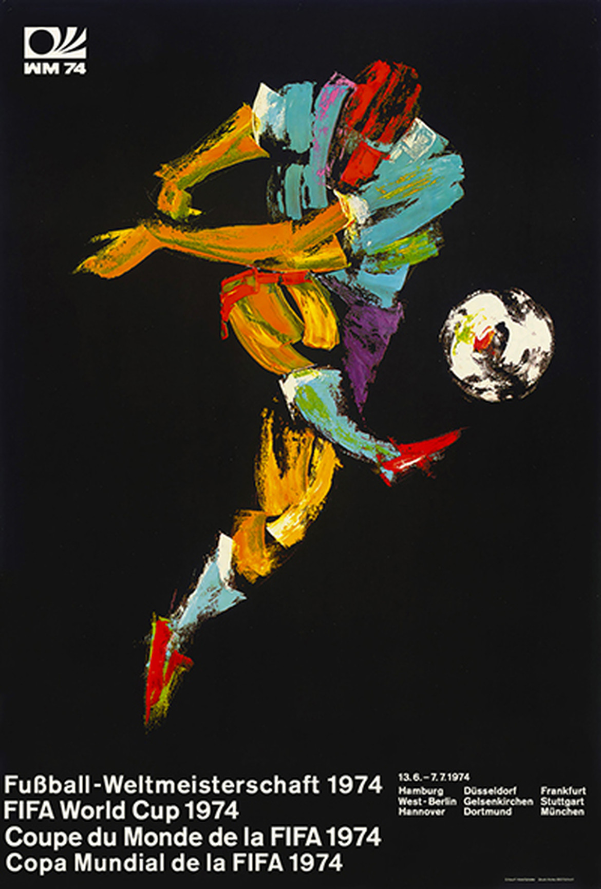 Poster World Cup Tây Đức 1974, thể hiện hình ảnh một cầu thủ đang sút bóng theo phong cách hội họa. Ảnh: FIFA.