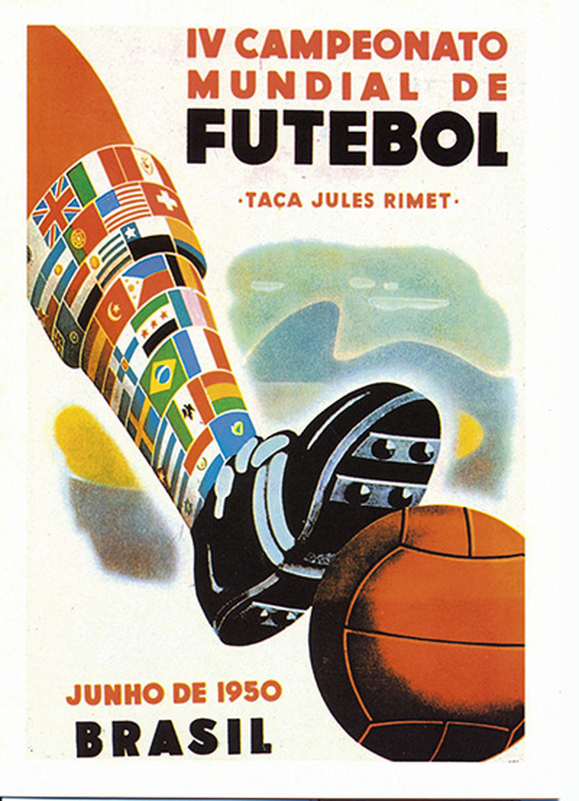 Poster World Cup Brazil 1950, kỳ World Cup được tổ chức sau 12 năm gián đoạn bởi chiến tranh. Hình ảnh chiếc tất của các cầu thủ có in cờ các quốc gia tham dự World Cup là một thông điệp hòa bình mà giải đấu muốn gửi gắm. Ảnh: FIFA.