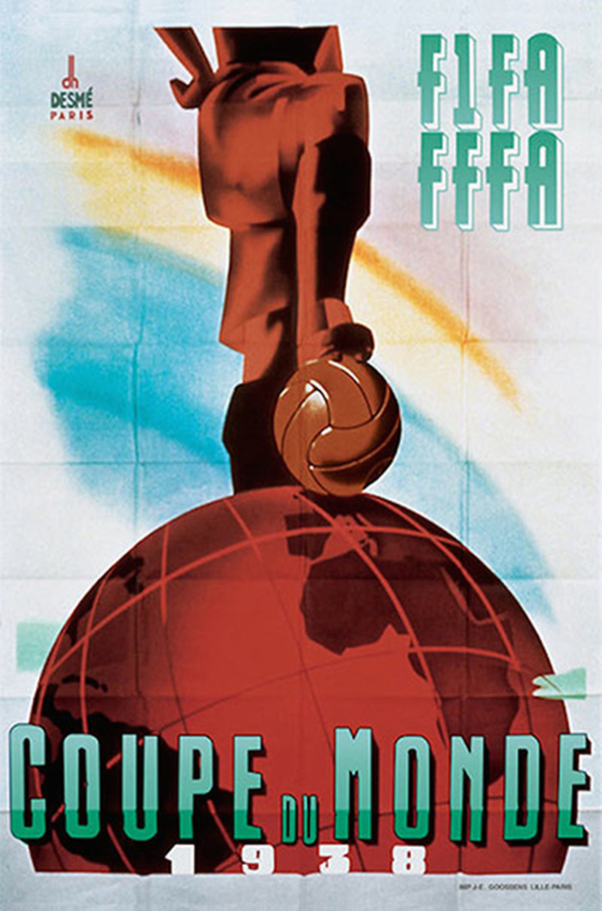 Poster World Cup Pháp 1938 khá u ám, như dự cảm về cuộc tranh chiến tàn khốc nhất trong lịch sử nhân loại sẽ nổ ra một năm sau đó. Ảnh: FIFA.
