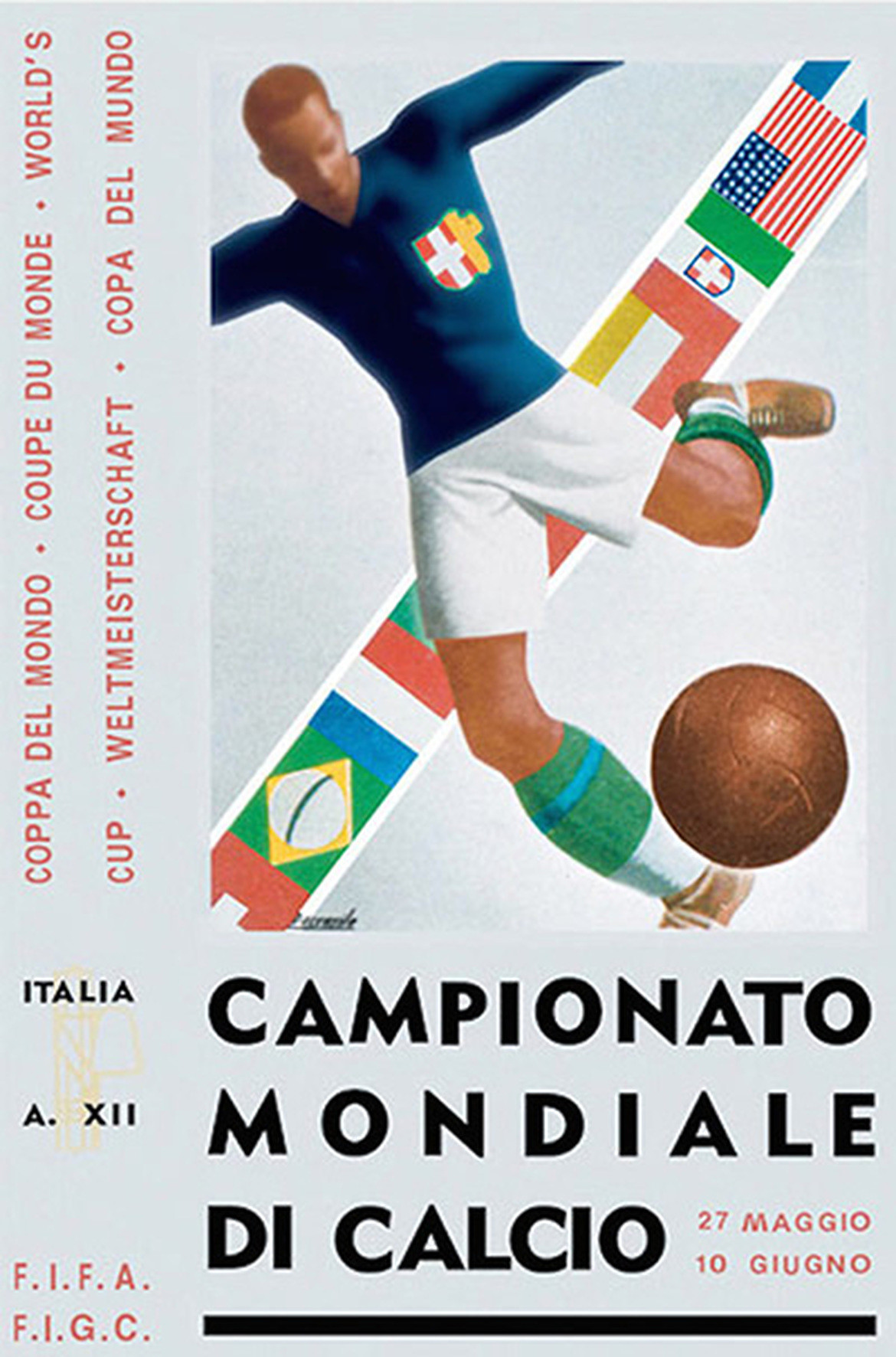 Poster World Cup Italia 1934 lột tả được bầu không khí sôi nổi của lễ hội bóng đá lớn nhất thế giới với hình ảnh một cầu thủ trong tư thế sút bóng. Ảnh: FIFA.