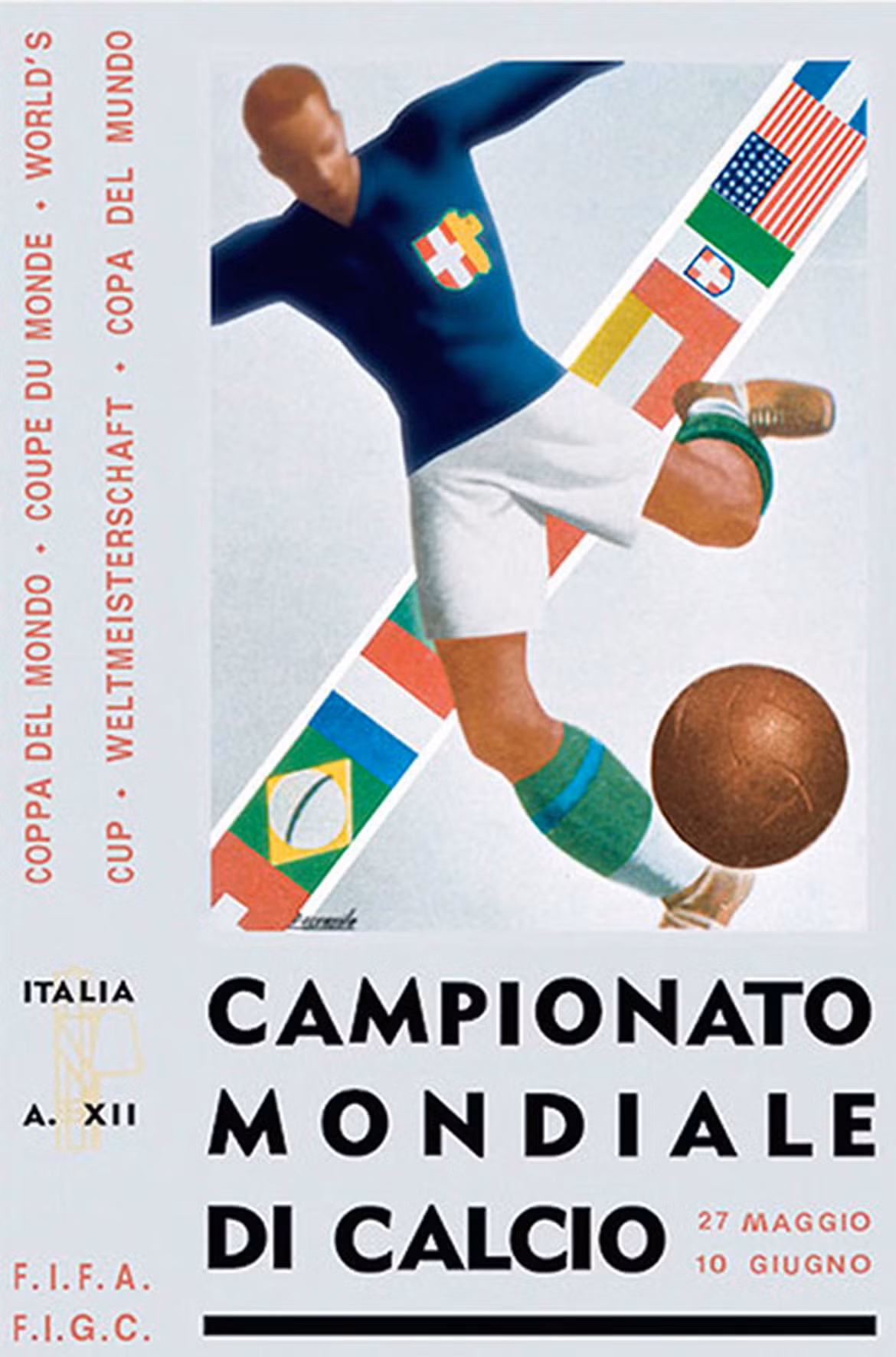 Poster World Cup Italia 1934 lột tả được bầu không khí sôi nổi của lễ hội bóng đá lớn nhất thế giới với hình ảnh một cầu thủ trong tư thế sút bóng. Ảnh: FIFA.