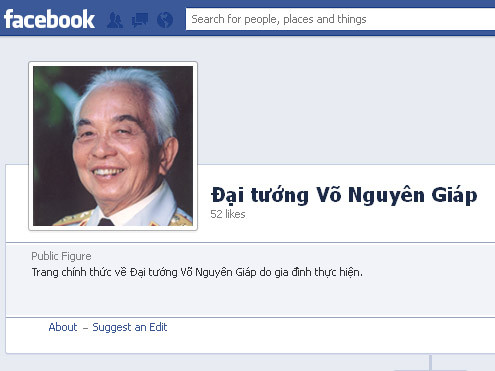Hình ảnh trang Facebook chính thức về Đại tướng Võ Nguyên Giáp do gia đình thành lập.