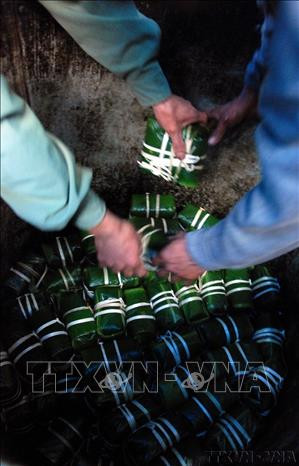 Bánh chưng được xếp vào nồi, chuẩn bị cho công đoạn luộc từ 10 - 12 giờ. Ảnh: TTXVN