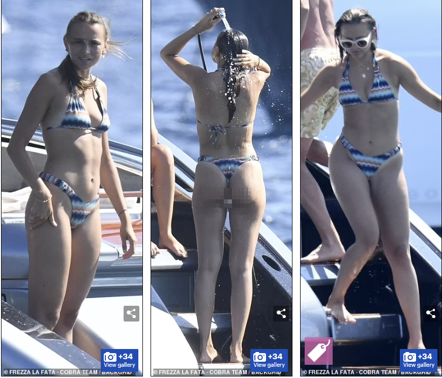 Nàng mẫu Charlotte Sine - bạn gái lâu năm của ngôi sao F1 Charles Leclerc - diện bộ bikini họa tiết nhiều màu sắc, khoe thân hình tròn đầy gợi cảm. Trong khi đó, Charles Leclerc sở hữu gương mặt điển trai như tài tử và khoe body săn chắc.