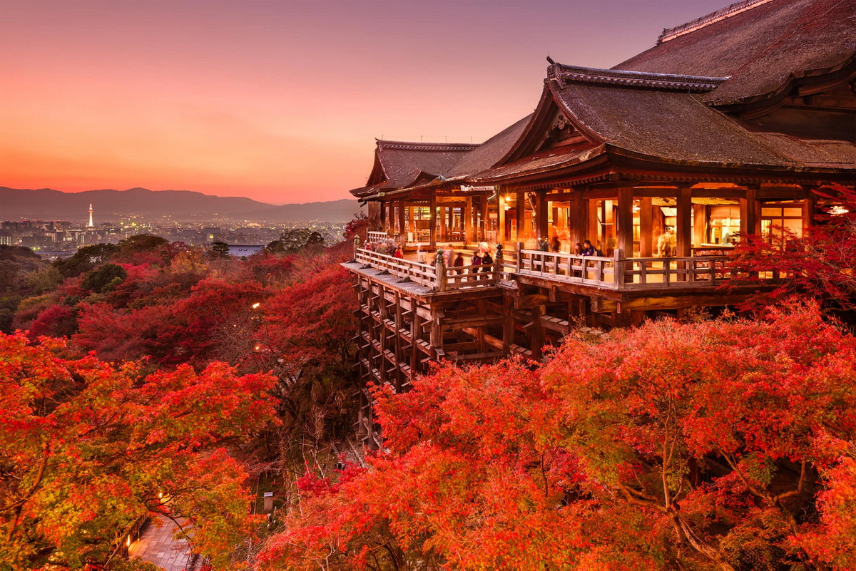 Chùa Kiyomizu-dera (Thanh Thủy tự) được hoàn thành vào năm 780, trở thành chùa của Hoàng gia năm 805. Công trình đã bị cháy và được xây lại tổng cộng 9 lần, các cấu trúc hiện tại có từ những năm 1630. Sảnh chính của chùa được dựng trên những cột gỗ lớn nhô ra từ sườn đồi, là tuyệt tác kiến trúc truyền thống Nhật Bản. Ảnh: GaijinPot Travel.