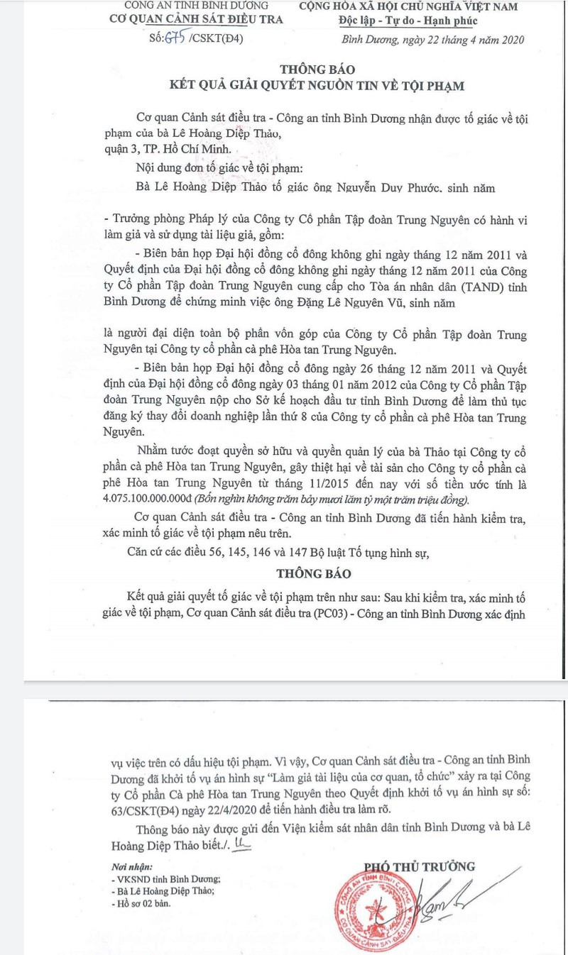 Khoi to vu an tai Cong ty co phan ca phe Hoa tan Trung Nguyen