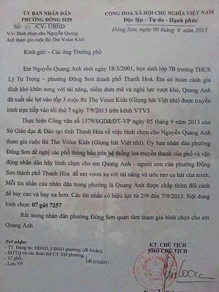 Công văn ghi đơn vị gửi là Ủy ban Nhân dân phường Đông Sơn, thành phố Thanh Hóa.