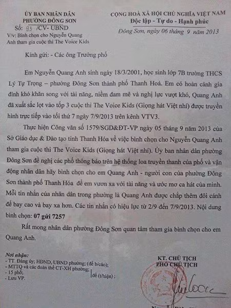 Công văn ghi đơn vị gửi là Ủy ban Nhân dân phường Đông Sơn, thành phố Thanh Hóa.