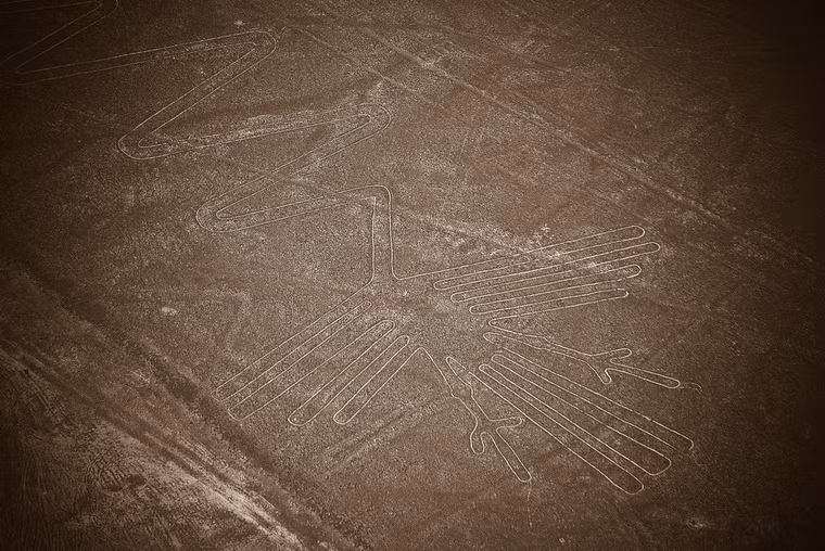 Theo các chuyên gia, người dân Nazca tạo ra các hình vẽ chỉ với những thiết bị đo đạc đơn giản. Các cột gỗ trên mặt đất ở đầu mút của một số hình đường thẳng đã ủng hộ ý kiến này. Trong thực nghiệm được tiến hành, một đội gồm vài người có thể tái tạo hình vẽ lớn nhất trong vòng 48 giờ. Ảnh: Hình vẽ chim cò ở Nazca.