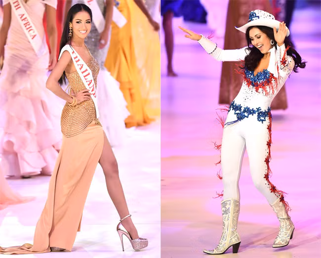 Hoa hậu Thái Lan Maeya Nonthawan (trái) và Hoa hậu Mỹ Elizabeth Safrit trong đêm chung kết Miss World 2014.