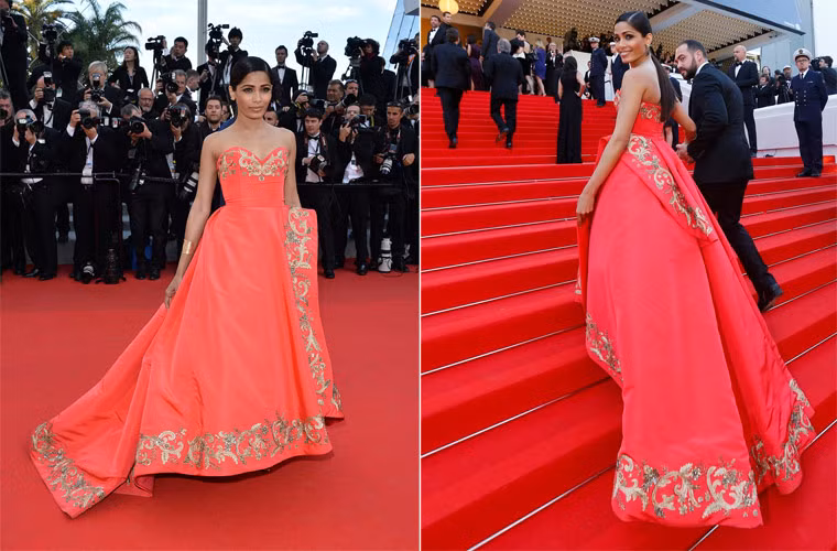 Freida Pinto nổi bật trên thảm đỏ LHP Cannes 2014 nhờ chiếc váy tuyệt đẹp của Oscar de la Renta với điểm nhấn là phần thêu chỉ vàng chạy dưới chân váy và ngực.